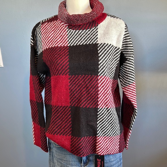 Plaid DKNY Turtleneck Sweater - Red, Black, White - Picture 1 of 4
